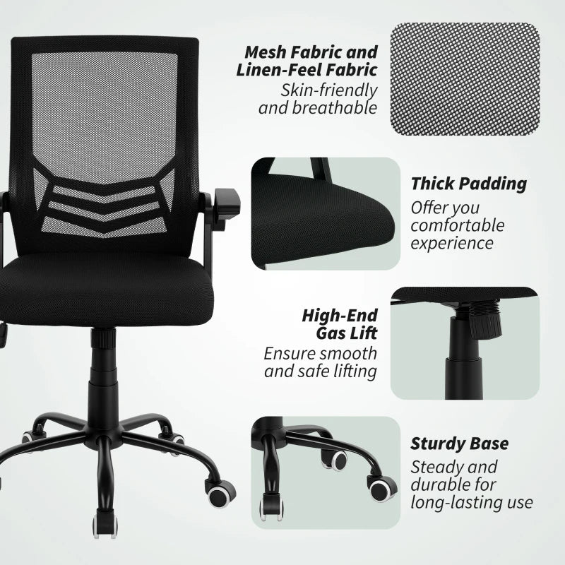 Vinsetto Ergonomic Mesh Office Chair with Flip-up Armrests, Lumbar Support & Swivel Wheels - Black Computer Desk Chair