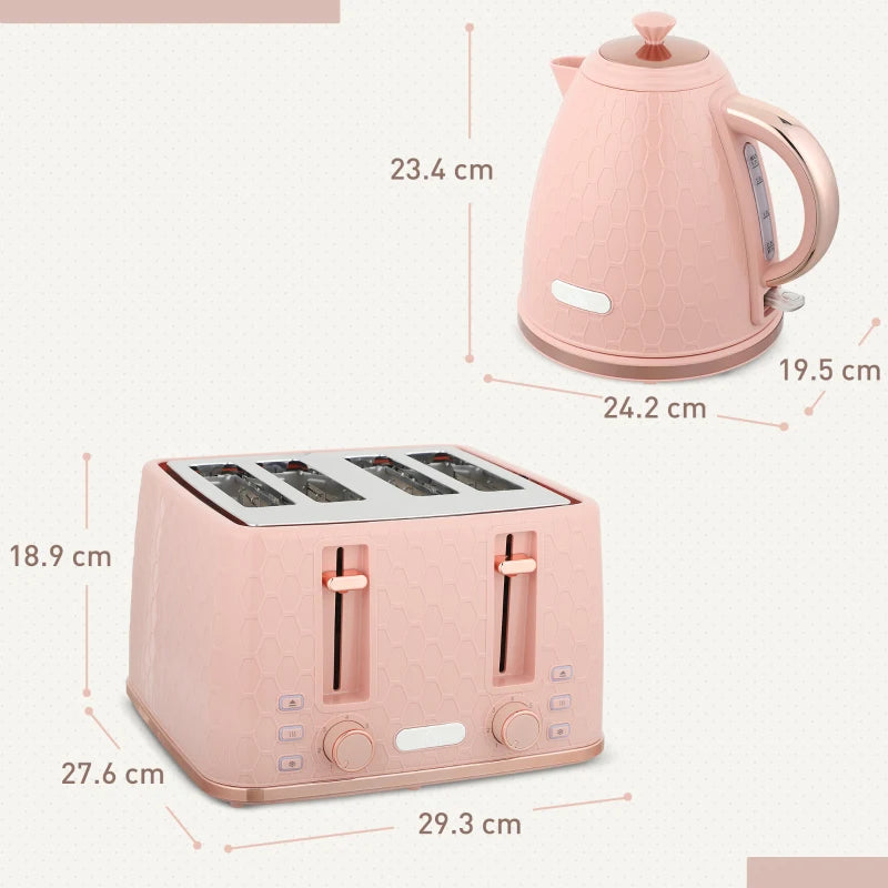Light Pink Kettle and Toaster Set - 1.7L Fast Boil Jug Kettle & 4 Slice Toaster with 7 Browning Levels