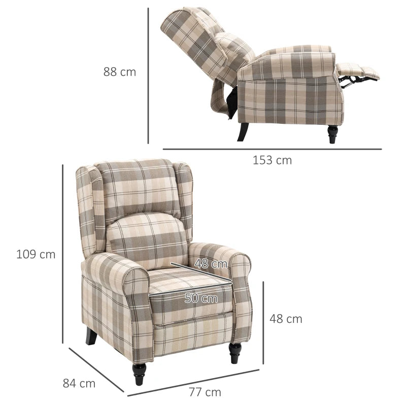 Khaki Wingback Recliner Armchair for Living Room with Pushback Mechanism, Round Armrests, Footrest and Rubber Wood Legs