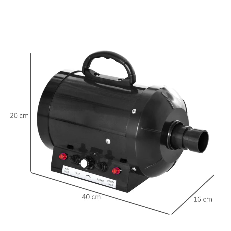 Professional Dog Hair Dryer - Adjustable Speed & Temperature Pet Grooming Blaster with 2.1M Hose & 3 Nozzles - Black