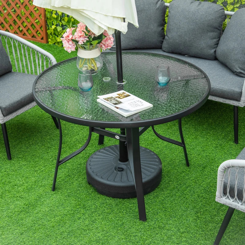 Round Garden Dining Table with Parasol Hole - Black Tempered Glass