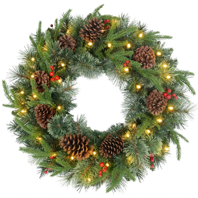 60" Cone and Berry Christmas Wreath with LED Lights - Festive Holiday Decor for Home and Office