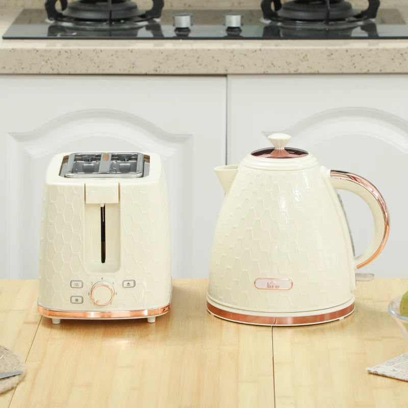 1.7L 3000W Fast Boil Kettle & 2 Slice Toaster Set - Beige, Auto Shut Off, Browning Controls, Kitchen Essentials