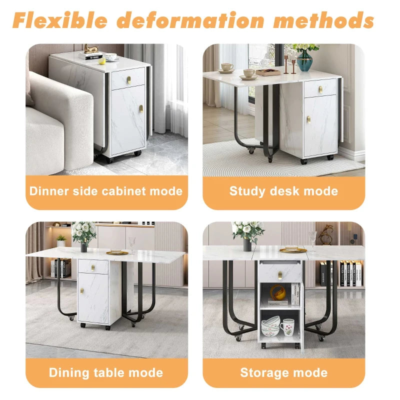 Folding Dining Table with Gold-Plated Handles - 3 Versatile Modes for Learning & Dining - Metal Frame - White/Black