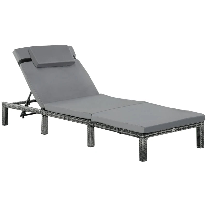Grey Rattan Sun Lounger with Padded Cushion & 5-level Recline