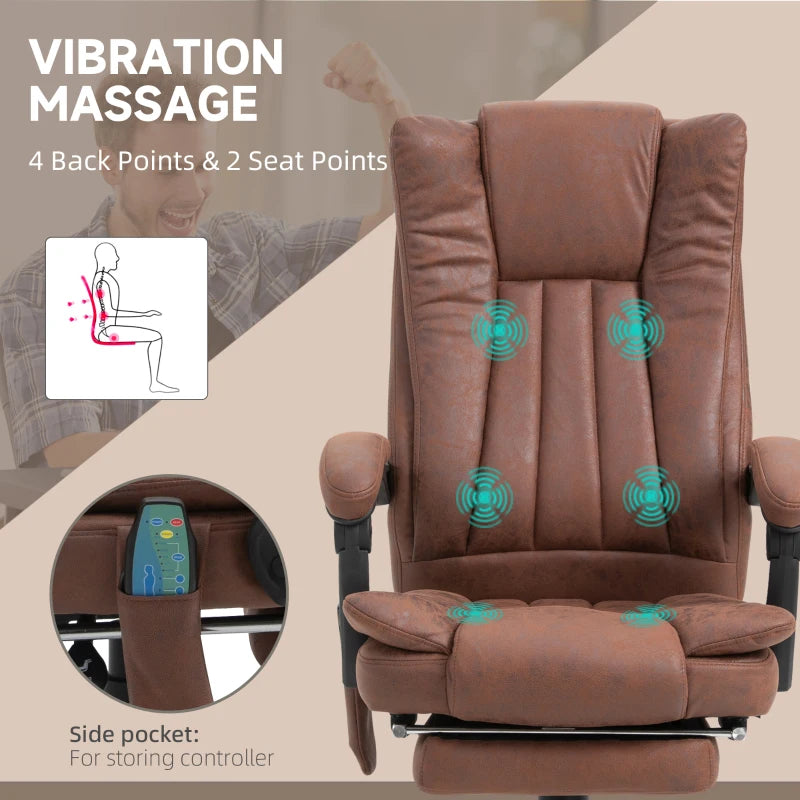 Vinsetto Brown Office Chair with Massage & Heat, Reclining Microfibre Desk Chair with Footrest, Adjustable Height & Swivel Wheels