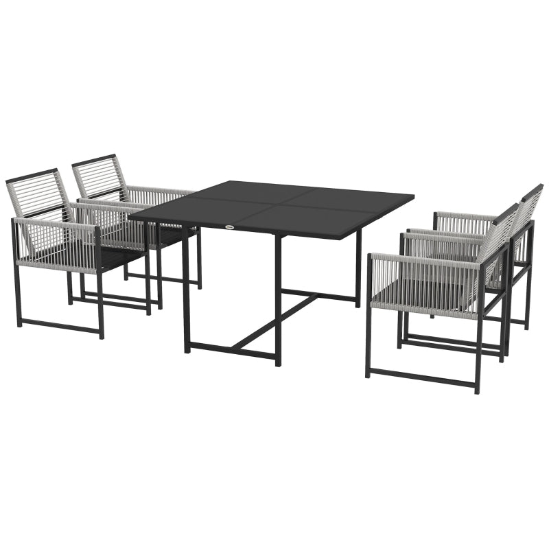 5-Piece Light Grey Metal Dining Set with Folding Back Chairs - Outdoor Patio Furniture