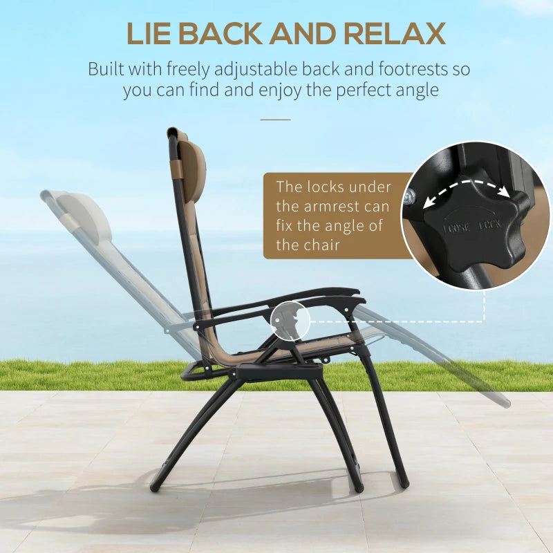 Grey Sun Lounger Chair Set of 2 - Folding Reclining Patio Chairs with Padded Seat, Soft Cushion, Headrest, and Cup Holder