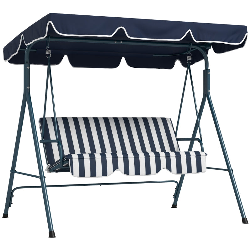Blue Striped 3-Seater Garden Swing Chair with Adjustable Canopy