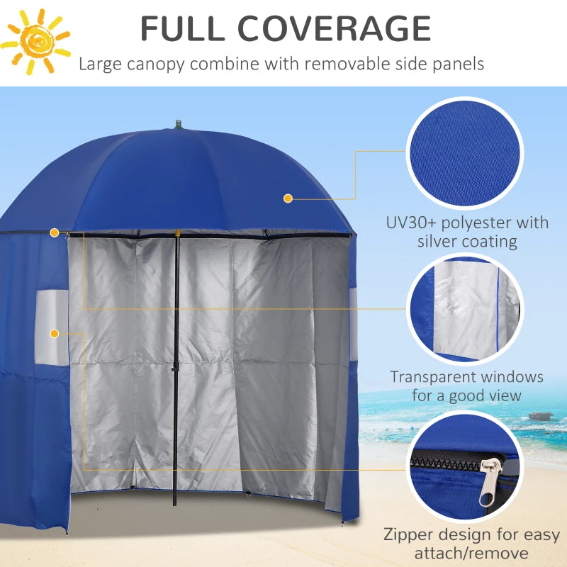 Blue Beach Fishing Umbrella with Sides and Tilt Sun Shade