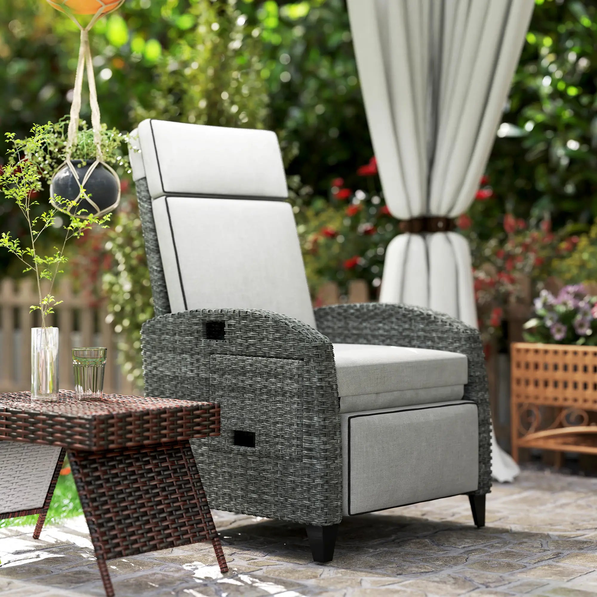 Grey Rattan Recliner Chair with Adjustable Backrest and Footrest, Cushions, Side Tray