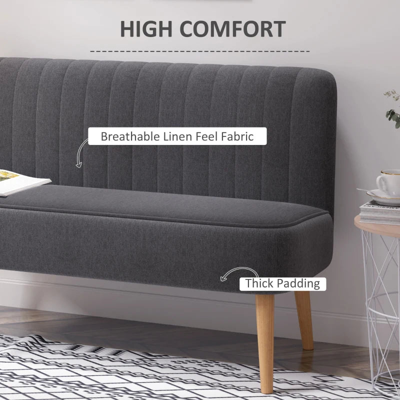 Modern Compact Double Seat Sofa Loveseat in Dark Grey with Padded Linen and Wooden Legs