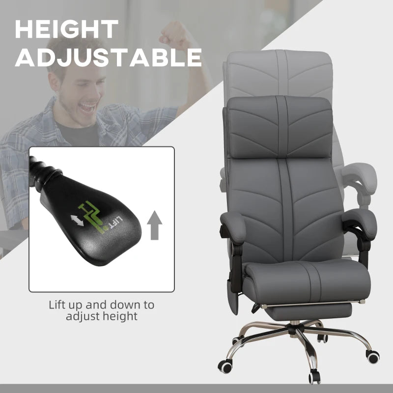 Vinsetto High Back Massage Office Chair with Heat & Footrest - Grey PU Leather Reclining Computer Chair