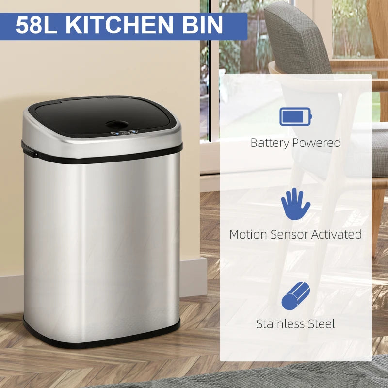 Stainless Steel 58L Touchless Kitchen Sensor Dustbin - Automatic Silver Rubbish Garbage Waste Bin for Home & Office