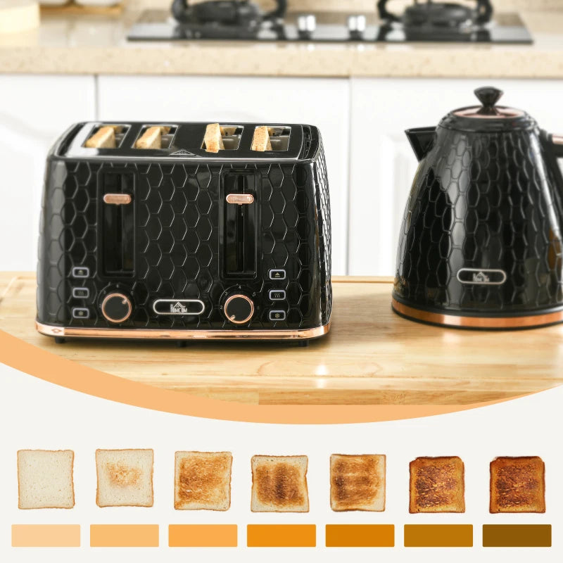 1.7L 3000W Fast Boil Kettle & 4 Slice Toaster Set - Black, 7 Browning Controls, Crumb Tray, Kitchen Essentials