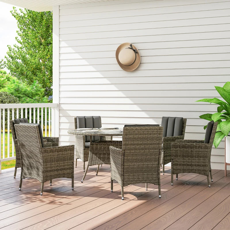 Light Grey Seven-Piece Rattan Dining Set with Round Glass Top Table for Outdoor Patio