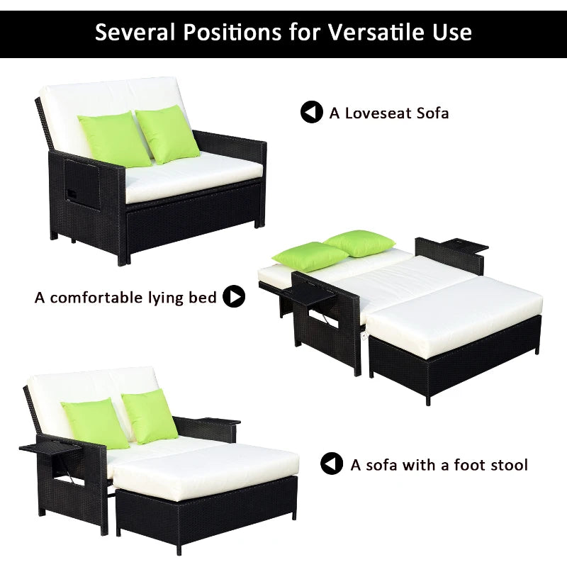 Black Rattan 2-Seater Sun Lounger Sofa Bed