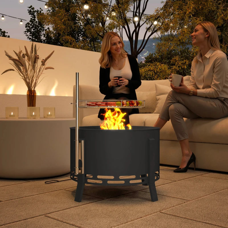 Portable 58 cm Round Fire Pit with Grill Grate, Ash Catcher & Poker for Camping, BBQ
