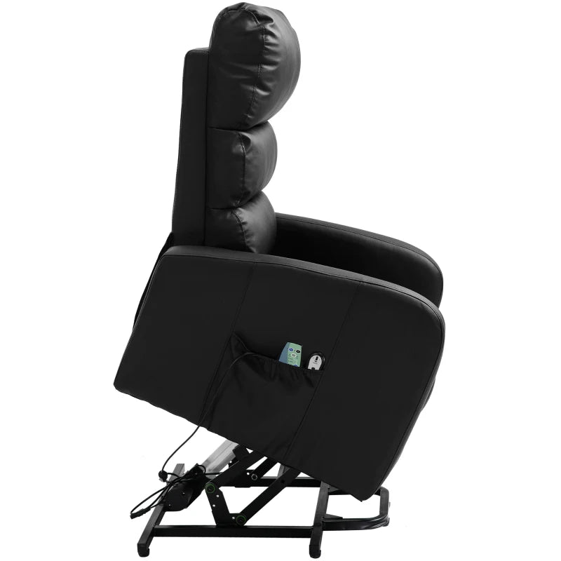 Power Lift Recliner Massage Chair with Heat and Vibration, Heavy Duty Mechanism, Side Pockets, Remote Control, Faux Leather - 73x91x109 cm, Black