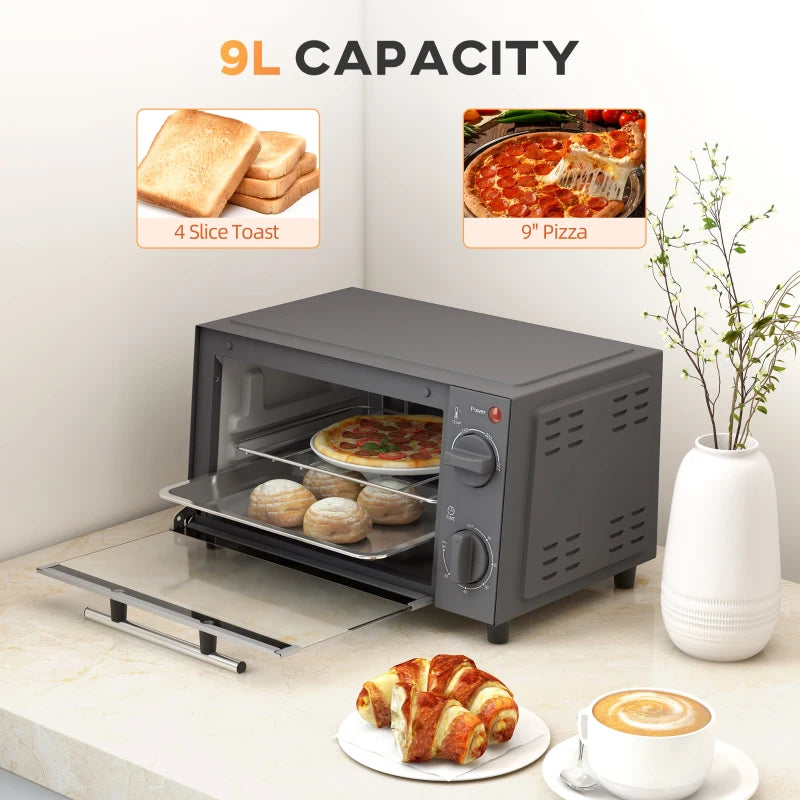 Compact 9L Mini Oven & Electric Grill - Adjustable Temp, Timer, Dishwasher Safe Tray, 750W, Grey Countertop Toaster Oven