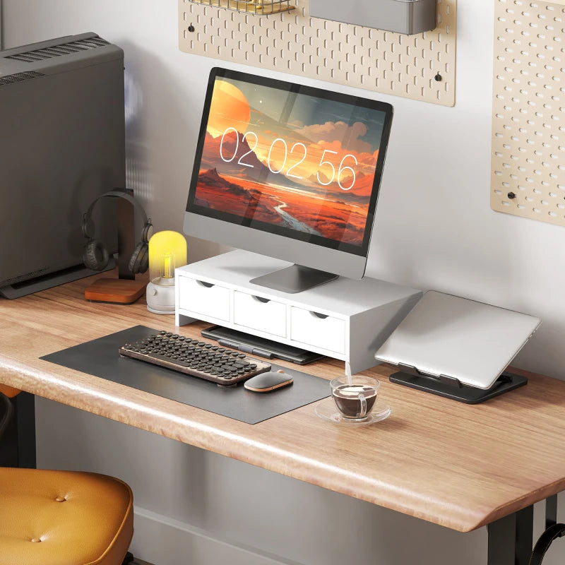 White Monitor Stand Riser with 3 Drawers - Laptop & PC Holder, 51x24x13cm, Ideal for Small Printers & Desks
