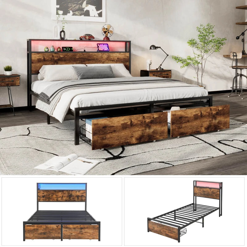 Metal Double Bed with LED Light Strip, 4 Drawers & 3 USB Ports - Black & Dark Walnut, 207.5x135x105 cm