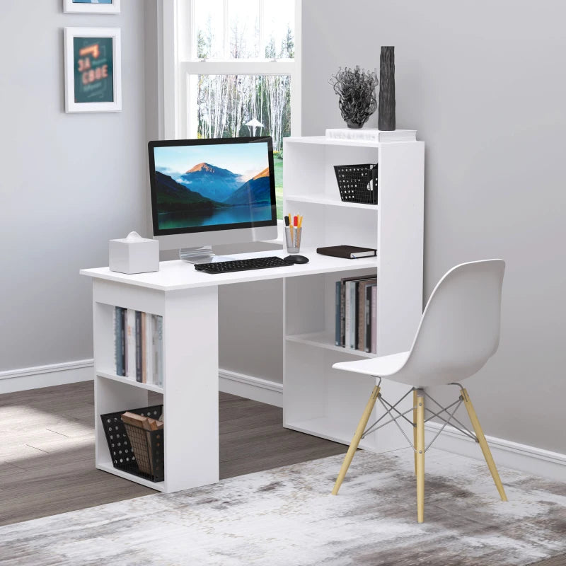 120cm White Wooden Computer Desk with 6-Tier Bookshelves - Stylish Home Office Laptop Table & Writing Workstation