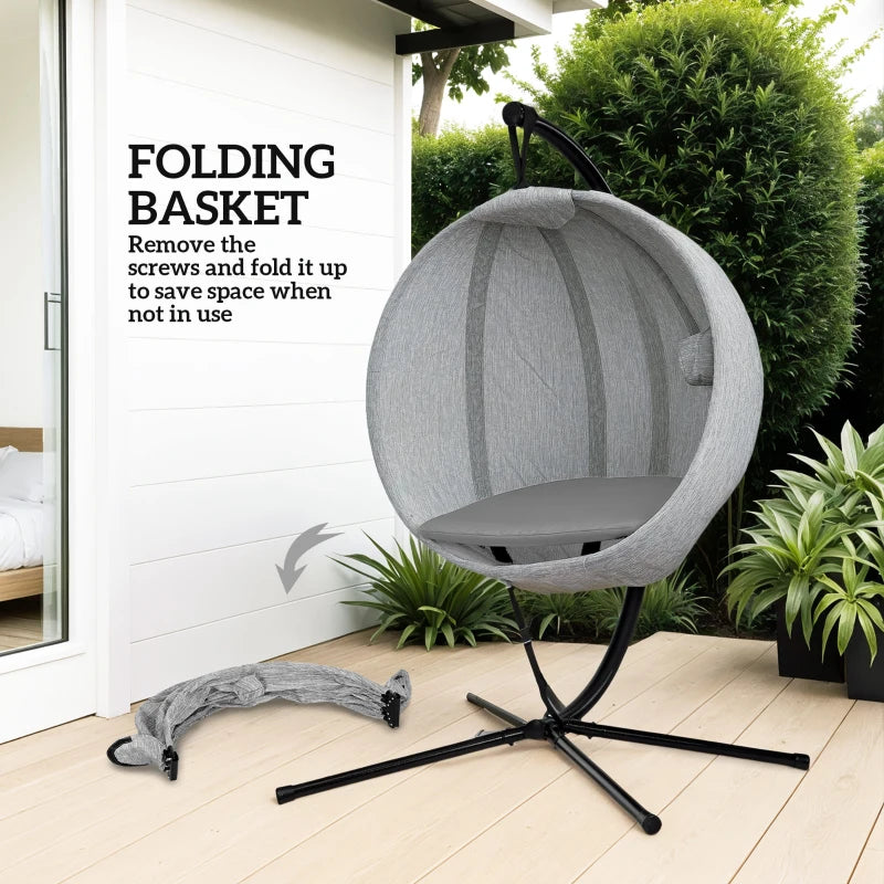 Hanging Egg Chair - Grey Outdoor Indoor Garden Swing Chair with Folding Basket, Stand, Thickened Cushion & Cup Holder - Perfect for Patio & Balcony