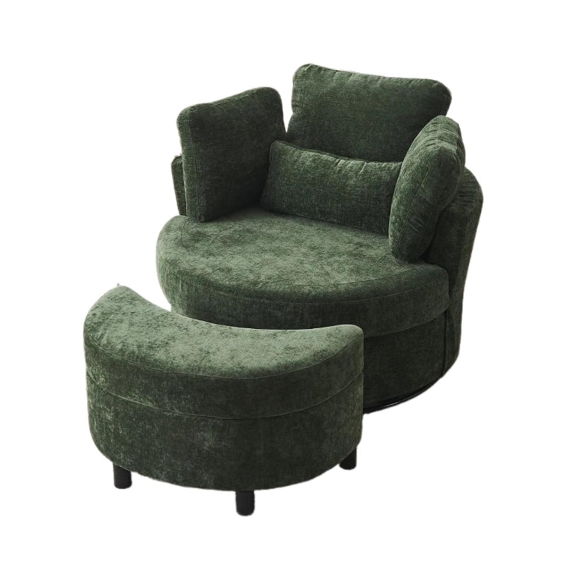 Stylish Green Chenille Swivel Armchair with Cushions and Ottoman Stool, 360° Recliner Sofa, 107L x 105W x 82H cm