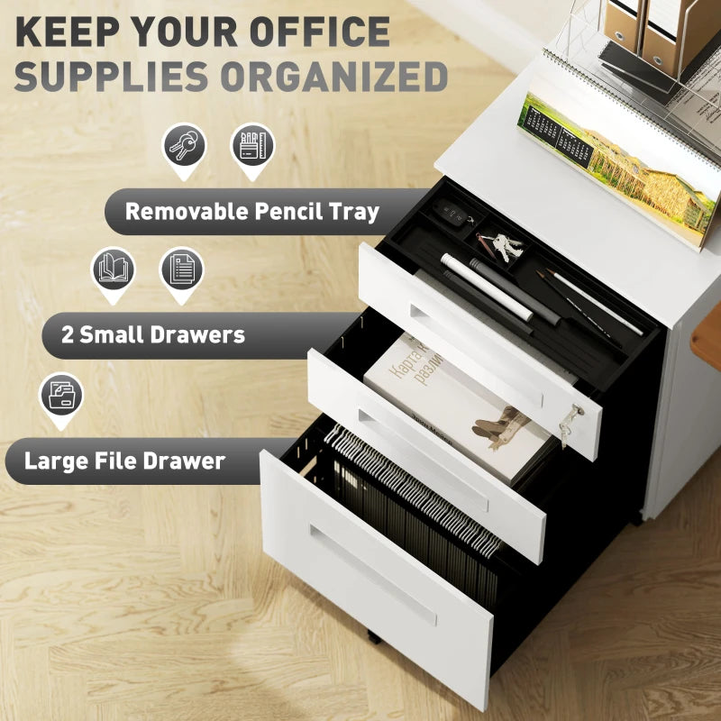 Vinsetto White Three-Drawer Steel Filing Cabinet - Modern Office Storage Solution for Organizing Documents and Files