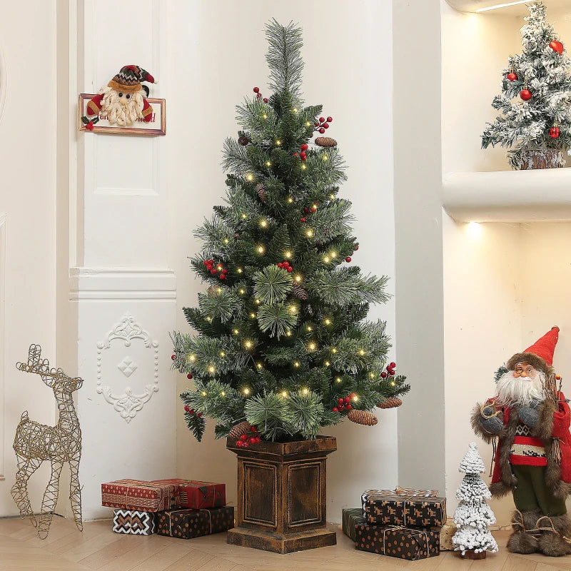 4ft Artificial Christmas Tree with 100 Warm White LED Lights, Red Berries & Pine Cones, 8 Modes, Retro Base