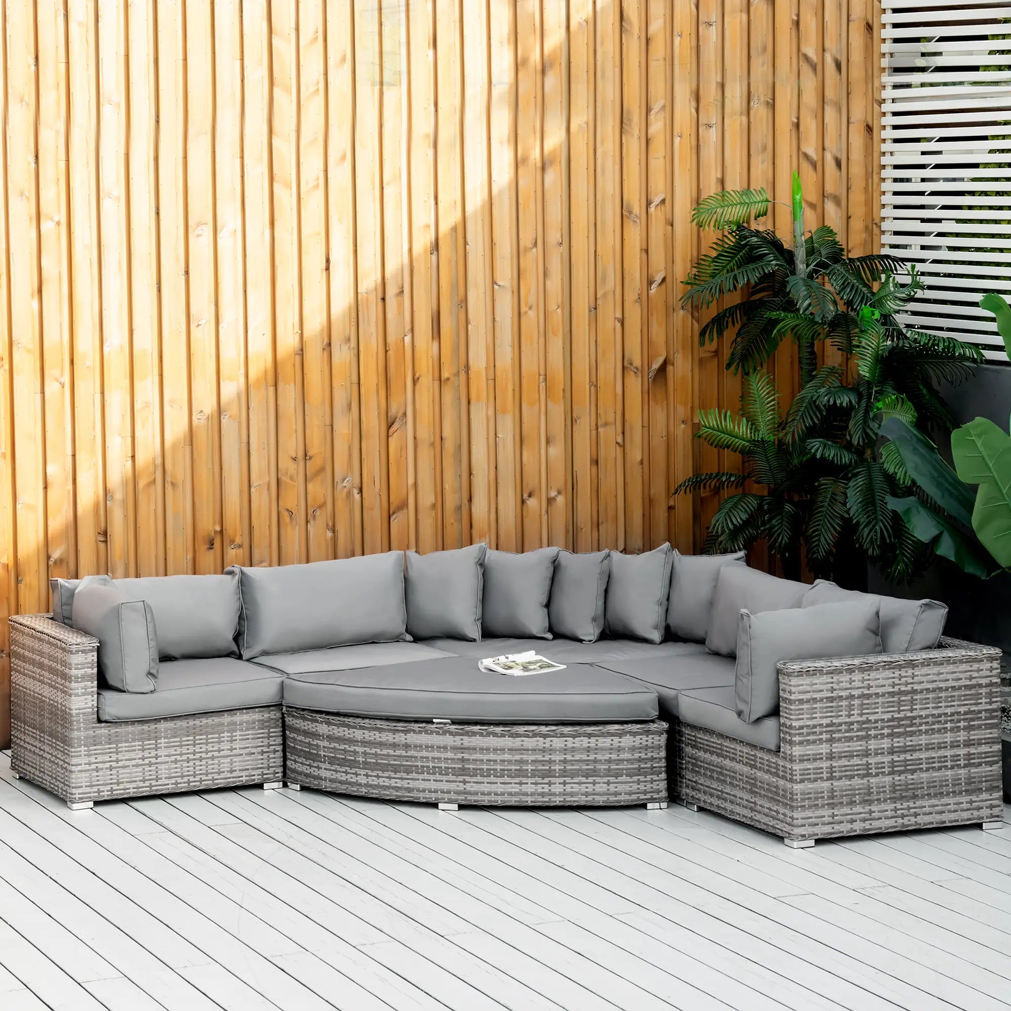 Grey 6-Piece PE Rattan Corner Sofa Set with Padded Cushions, Elegant Half-Round Rattan Corner Furniture