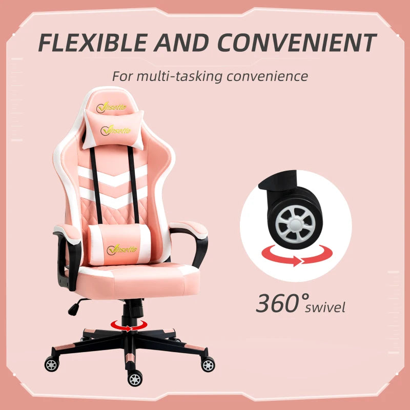 Vinsetto Pink Gaming Chair - Ergonomic Computer Desk Chair with Lumbar Support, Headrest & Swivel Wheels for Home Office