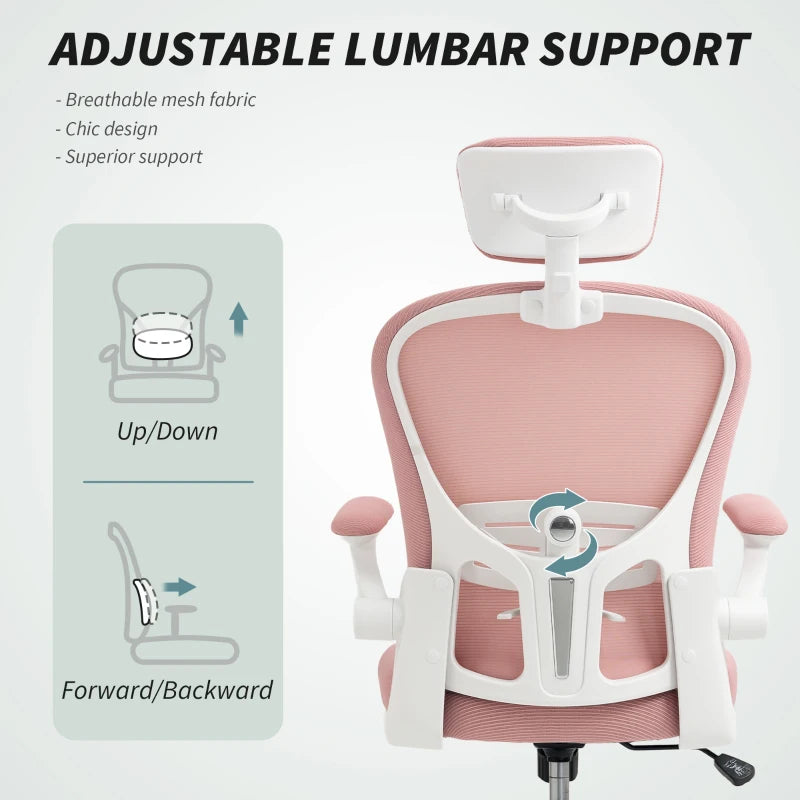 Vinsetto Pink Multi-Adjustable Office Chair with Lumbar Support, Headrest & Breathable Mesh Back for Comfort & Style
