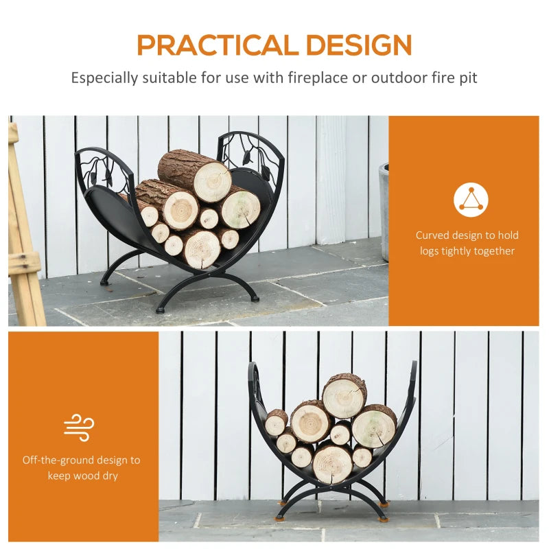 Metal Arced Firewood Log Holder Rack - Indoor Outdoor Folding Wood Storage Shelf with Leaf Pattern, Black, 43.5W x 36.5D x 41H cm