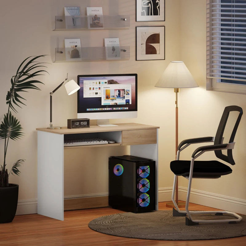 100cm Compact Oak Computer Desk with Keyboard Tray & Drawer - Ideal Home Office & Bedroom Study Furniture