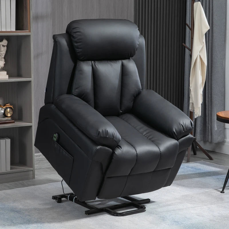 Electric Power Lift Recliner Chair for Elderly, Overstuffed Faux Leather Armchair with Remote Control and Side Pockets, Black