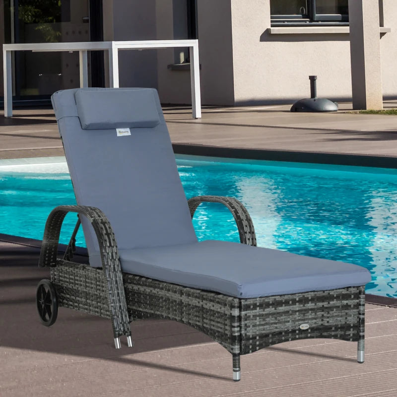Grey Rattan Sun Lounger with Adjustable Headrest and Blue Cushion