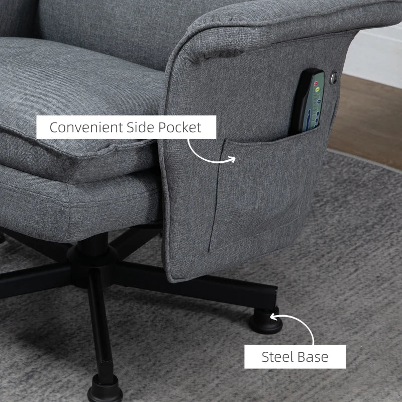 Upholstered Swivel Recliner Chair with Footstool, Remote-Controlled Massage Armchair, Timer and Steel Base in Grey
