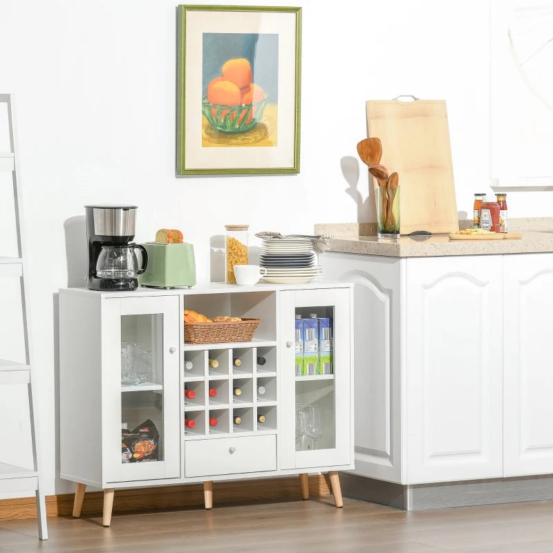 Modern White Sideboard Storage Cabinet with Glass Doors, Drawer & 12-Bottle Wine Rack for Kitchen, Dining & Living Room