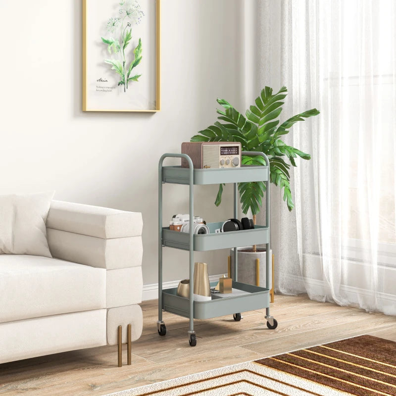 Light Blue Three-Tier Steel Storage Trolley - Durable, Stylish Organizer for Home, Office, Kitchen & Garage