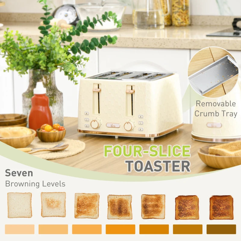 Beige Kettle and Toaster Set - 1.7L Fast Boil Jug Kettle & 4 Slice Toaster with 7 Browning Levels