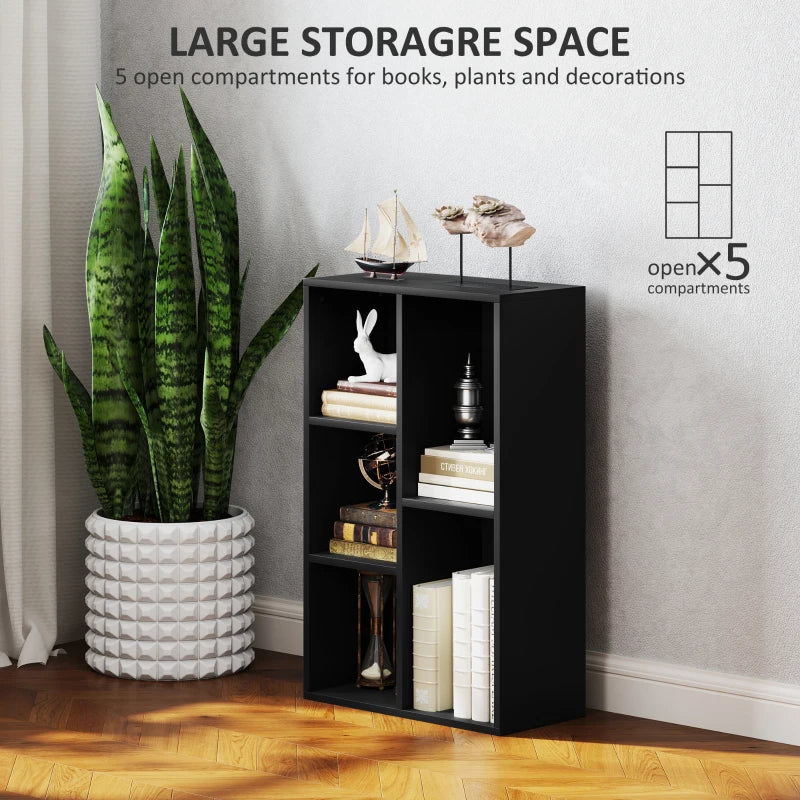 Stylish 2-Tier Black Bookshelf with 5 Spacious Compartments - Perfect for Home or Office Storage