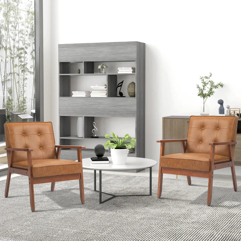 Retro-Style Accent Chairs with Faux Leather Seats - Set of Two in Brown