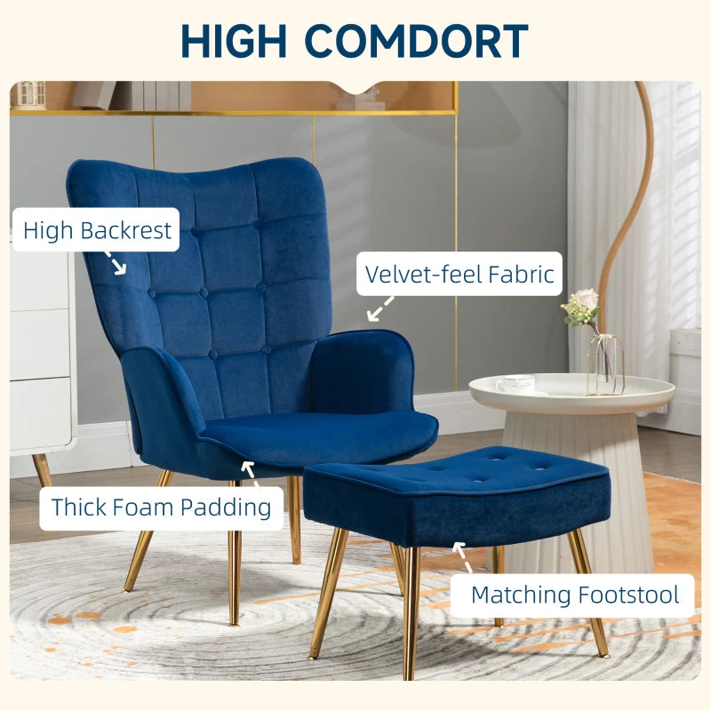 Stylish Velvet Wingback Armchair with Footstool for Living Room, Bedroom or Home Office in Dark Blue