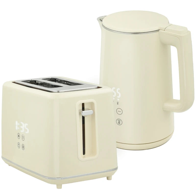 Digital Stainless Steel Kettle & Toaster Set - 1.5L Fast Boil 3000W Kettle, 2 Slice Toaster with 7 Browning Levels, Beige