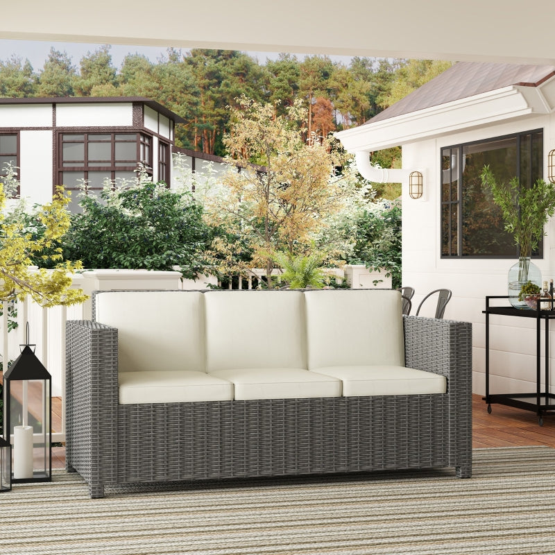 3 Seater Rattan Sofa - All-Weather Wicker Weave - Metal Frame - Fire Resistant Cushions - Cream
