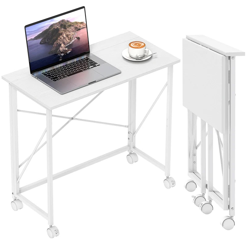 Versatile 80 cm Folding Desk on Wheels - Space-Saving White Home Office Table for Easy Mobility and Storage