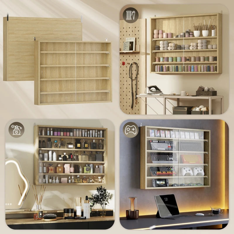 5-Tier Oak Wall Display Shelf Unit with Glass Doors & 4 Adjustable Shelves - Perfect for Home Office Ornaments 60x80cm
