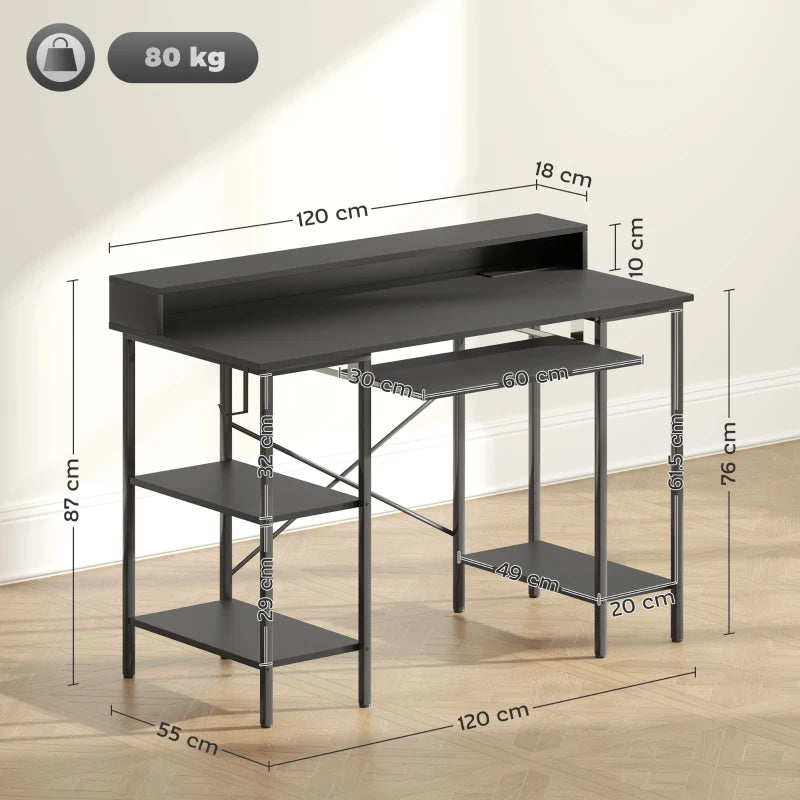 LED Gaming Computer Desk with Power Outlets, 120x55 cm, Monitor Stand, Sliding Keyboard Tray & Storage Shelves - Black